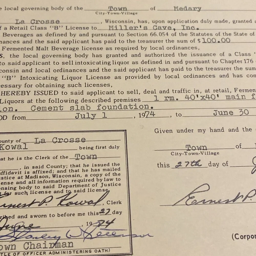 Vintage 1974 Millers Cave La Crosse WI Liquor & Tobacco License Store Permit HTF